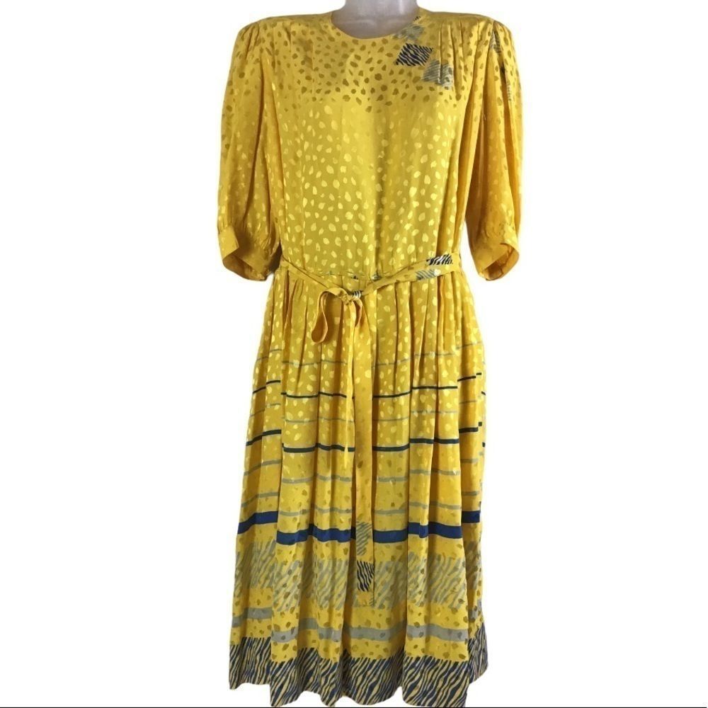 Papell Petites VTG 100% Silk Yellow & Blue Dress